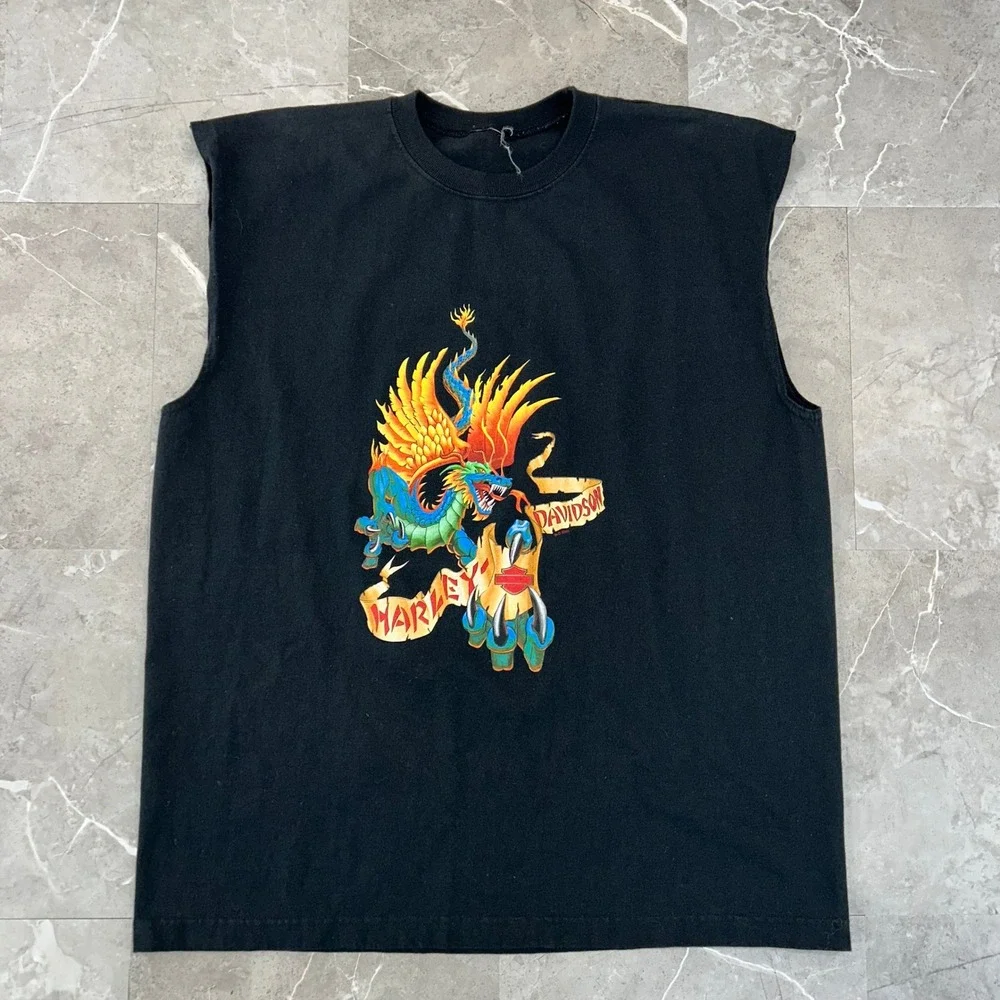 Vintage Harley Davidson Graphic Tee Mens XL Sleeveless Dragon Ohio Shirt Black